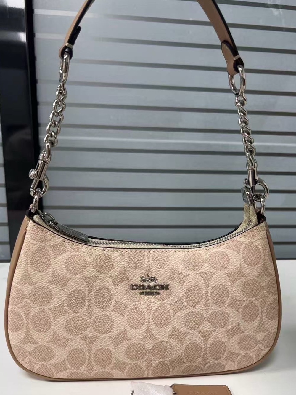 Coach Signature Canvas Shoulder Bag in Light Beige with Tan Trim